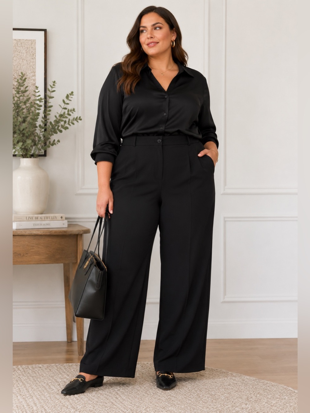 Standards & Practices Pintuck Stretch Crepe Wide Leg Trousers Black Size 18 NWT